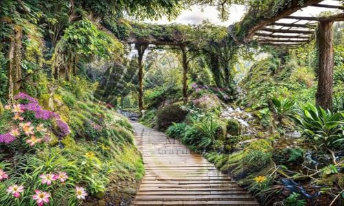 Lush Garden Path & Pergola Mural, Tapestry & Curtain Waterproof Outdoor Wall Hanging, Garden Wall Art, Fence Decor & Outdoor Living Wall Art W118.11 inches x H70.87 Inches
