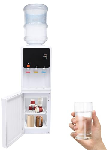 Dispensador de agua de pie, dispensador de agua de carga superior con indicadores LED y armario de almacenamiento, dispensador de agua fría y caliente, 10-95 ℃, doble función, para oficina, dormitorio