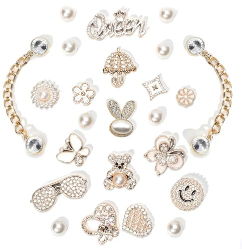 LEMONSTONE 24 Stück Schuhanstecker, Anstecker Gold, DIY Schuh Charms | Schuhanstecker mit Perlen, Strass, Herzen und Schmetterlingen, Schuhanhänger für Sandalen und Lochtaschen
