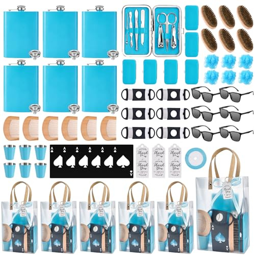 Juego de 74 premios para baby shower para hombres, juego de 6 con petaca de acero inoxidable con abridor de botellas de embudo, kit de manicura, gafas de sol, bolsa de regalo, premios para el ganador