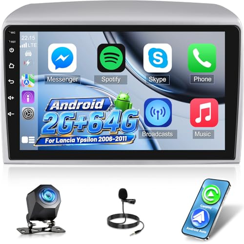 NHOPEEW Autoradio 2+64G per Lancia Ypsilon 2006-2011 con supporto per CarPlay wireless e Android Auto Mirror Link navigazione GPS comandi al volante 40 temi dell'interfaccia utente e video online