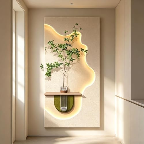 3D Sandstone Relief Wall Art Modern Illuminated LED Landscape Wall Decor (Featuring Faux Greenery in Glass Vases) Luxurious Home Decor for Entryways and Hallways(White8,40*80cm/15.7*31.5in)