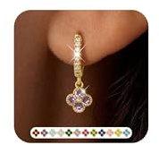 ZNBOH Ohrringe Gold Hängend Damen 18K Vergoldete Geburtsstein Damenohrringe | Hypoallergene Wasserfest Ohrringe mit Kleeblatt,Klein Creolen mit Stein Amethyst Aquamarin Rubin,Schmuck Geschenk für Frauen
