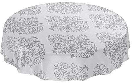 ANRO Wachstuchtischdecke Wachstuch Wachstischdecke Tischdecke abwaschbar Ranken Barock Arabeske Grau Rund 140cm wasserabweisend Gartentischdecke Meterware pflegeleicht Lotuseffekt