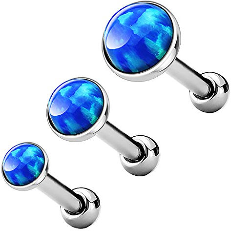 Piercingfaktor Tragus Piercing Helixpiercing Helix Ohr Cartilage Knorpel Stecker mit flachen Opal Steinen Rund Silber Blau Set