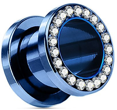 Flesh Tunnel Plug Edelstahl 316L Zirkonia Kristalle Strass Hollow Schraubverschluss blau-klar 10 mm