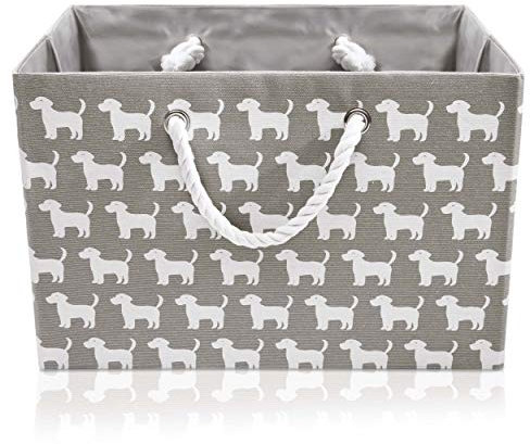 Foldable Grey Canvas Storage Basket - Rectangle Fabric Basket with White Dogs – Perfect for Household Storage, Fabrics or Toys. Size: Width 42cms x Depth 32cms x Height 28cms