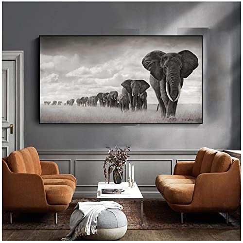 Aontr Toile Art Grande Taille Noir Blanc Afrique éléphants Animaux Toile Peinture Affiches Impressions Mur Art Photos Salon décor à la Maison Pas de Cadre