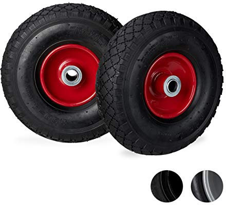 Relaxdays 2 x Sackkarrenrad 3.00-4 im Set, luftbereift, bis 100 kg, 260 x 85 mm, Ersatzrad mit Stahlfelge, Luftrad, schwarz-rot
