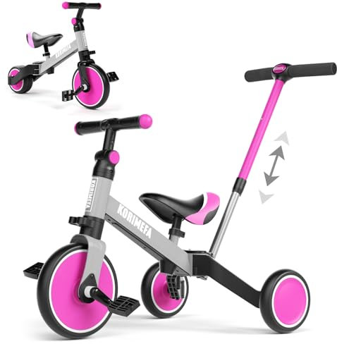KORIMEFA 4 in 1 Laufräder Laufrad Kinderdreirad Dreirad Lauffahrrad Lauflernhilfe mit Schubstange für Kinder ab 1 Jahre bis 3 Jahren (Pink + Grau(mit Schubstange))