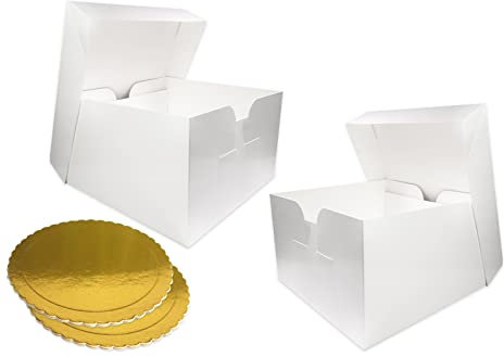 Cake Box 10 Inch Pack of 2 – Includes 2 White Cake Boxes with Removable Lids and 2 Golden Cake Boards – Strong Cardboard Cake Packaging for Cakes, Pies, Muffins, Donuts – Dust & Moisture Resistant