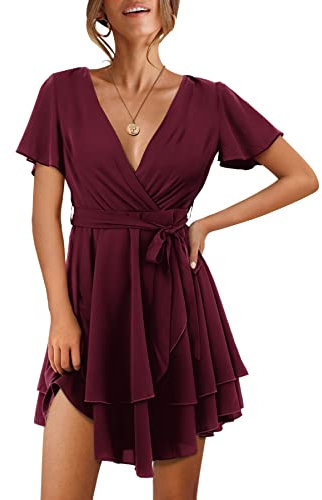 Beluring Damen Kleid Wickelkleid Kurzarm Casual Flowy Sommer Minikleid Plissee Kleider Rotwein L