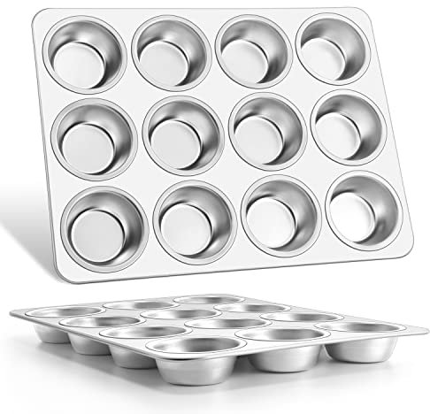E-far Muffinform für 12 Tassen, 2er-Set, Edelstahl, Cupcake-Form, Metall, Muffin-Backformen für den Ofen, normale Größe & leicht zu reinigen, ungiftig und spülmaschinenfest