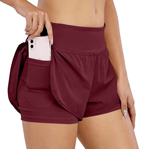 COTOP Sporthose Damen Kurz Sommer, Laufhose High Waist 2 in 1 mit Tasche, Elastisch Schnelltrocknende Running Shorts für Fitness Joggen Gym Training (Rot M)
