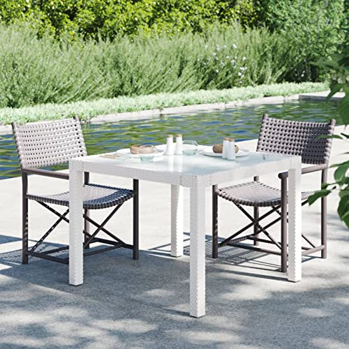 Mogou Gartentisch, Bartisch, Balkontisch, Balkonmöbel Kleiner Balkon, Balkon Tisch, Beistelltisch, 90x90x75 cm Gehärtetes Glas Poly Rattan Weiß