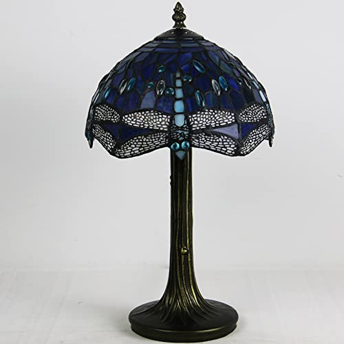 Blaue Lampe, lila Lampe, Libelle Lampe, Tiffany-Lampe, Buntglas-Lampe, Vintage-Tischlampe, Leselampe Nachttischlampe für Wohnzimmer Schlafzimmer Büro, 10 W X 14 H,Lila
