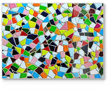 DEQORI Schneidebrett aus Glas | groß 40x30 cm | Motiv Buntes Fliesen-Mosaik | Design Schneideplatte für Küche | Frühstücksbrett antibakteriell & rutschfest | Glasplatte & Servierplatte