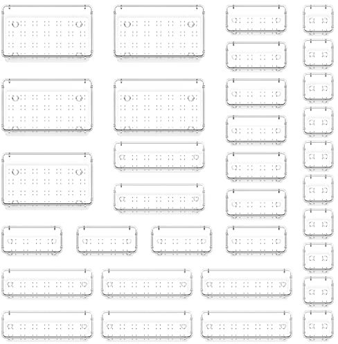 Lifewit 33 PCS Drawer Desk Bathroom Organizer Dividers Trays Dresser Storage Bins Separation Box for Makeup, Office, Jewelries and Gadgets, Bedroom, Transparent