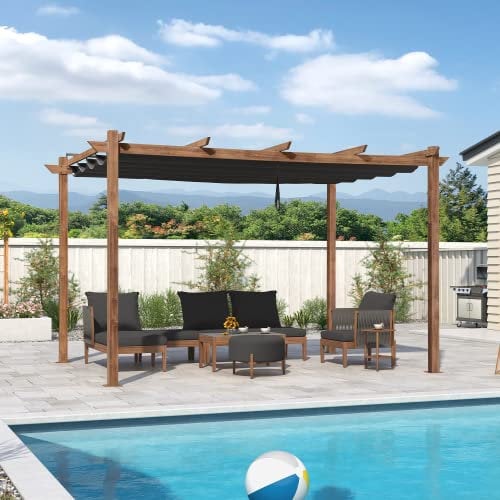 PURPLE LEAF 3 X 4 M Metal Pergola With Retractable Roof, Large Garden Pergola With Teak-Finish Powder-Coated Aluminum Fram for BBQ, Balcony, Outdoor and Patio, Grey
