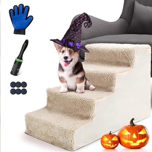 Masthome Scaletta per Cani a 4 Gradini, Scala per Ccuccioli in Plastica con Copertura Rimovibile e Lavabile, Scale Antiscivolo per Animali Anziani, Gradini per Cane per Salire Sul Letto (Beige)
