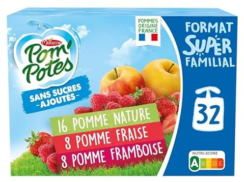 Pom'Potes - Pack de 32 gourdes de compote Pom/Fraises/Framb sans sucres ajoutés - 2,88kg de plaisir fruité et sain pour toute la famille. - Lot De 2 - Vendu Par Lot