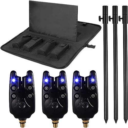 Fishing Bite Alarm Indicator Set LSOSVSEU's 3 LED Fishing Alarms 3 Extendable Aluminum Banksticks with Waterproof Tool Bag, Fishing Rods Set Bank Poles Set for catfishing