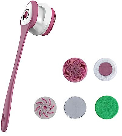 Camidy Electric Body Bath Brush, 5- in- 1 Rechargeable Back Brush Long Handle for Shower Waterproof Silicone Body Scrubber Exfoliating Deep Cleansing Brush for Women Men