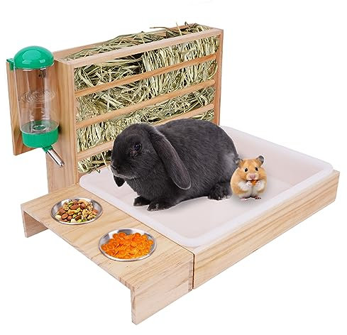 MOGOULUA 4 en 1 Mangeoire à Foin pour Lapin avec Bac à Litière Bouteille d'eau Gamelles pour Hamster Support à Foin pour Petits Animaux de Compagnie Gamelle pour Cochon d'Inde