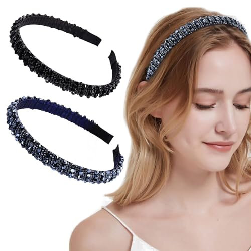 Mezrkuwr 2 Stück Haarreif für Damen mit Kristallperlen Stirnband Haarschmuck Haarreifen Dunkelblau Wulst Kette Haarreif Haarkranz Stirnband Kopfband Haarband Partei