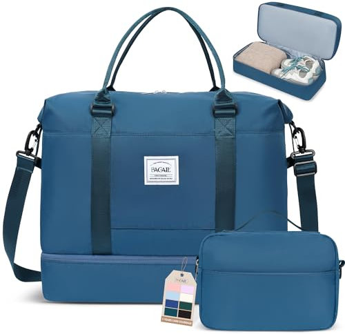 BAGAIL Reisetasche mit extra Stauraum am Boden, mit separatem Kulturbeutel, Nass- und Trockentrennung, ideale Reisetasche für unterwegs, Sporttasche und Krankenhaustasche - Pfauenblau