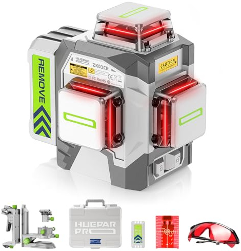 Huepar Pro Kreuzlinienlaser 360 Selbstnivellierend Laser Wasserwaage, Hochpräziser Professioneller Roter 3D-Laser mit 8000mAh Wiederaufladbarem Li-Ionen-Akku Multifunktions Mikroverstellbügel ZK03CR