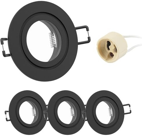 Doughelec 4er Einbaustrahler GU10 Rahmen IP44 Aluminium Schwarz, Badezimmer Einbaurahmen Spot Einbauspots Rund Flach 68mm Lochdurchmesser inkl GU10 Fassung für LED Wasserdicht Einbauleuchten, 230V