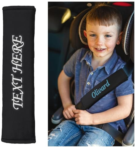 Gurtpolster Kinder,Gurtschutz Kinder Auto,Gurtpolster kindersitz, Schön Weich und Langlebig für Autogurt Polster,Schulterpolster Rucksack,Velour Stickerei mit Namen Klettverschluss(Schwarz)