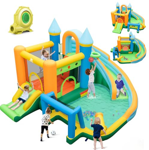 COSTWAY Château Gonflable avec 2 Toboggan & Souffleur 680W, Aire de Jeux Gonflable avec Mur d'escalade & Maison de Saut, Canon à Eau, Piscine & 50 Boules, Charge 90kg pour 2 Enfants de 3-10 Ans
