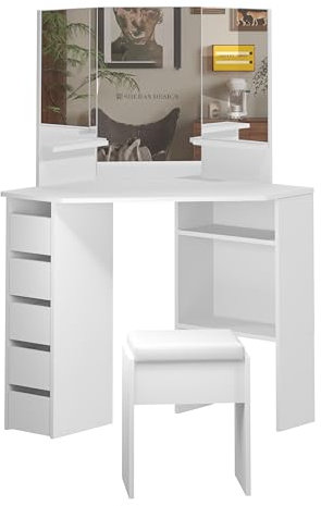 Panana Eck Schminktisch mit Große Spiegel, Modern Schminktisch Kosmetiktisch mit 5 Schubladen 2 Regale und Hocker Schlafzimmermöbel (White)