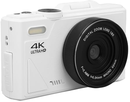 Fotocamera Digitale, Fotocamere 4K per Fotografia, Videocamera retrò da 64MP UHD 4K Zoom 18X Autofocus con Bilanciamento del Bianco, Scatto Continuo, Stabilizzazione e (WHITE)
