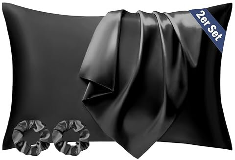 Seiwohl Satin Kissenbezug 50x70 2er Set, Weich wie Seidenkissenbezug Silk Pillowcase, Vegane Seide Kopfkissenbezug Kissenhülle Seidenkopfkissen für Haar und Haut mit 2 Haargummis, Schwarz