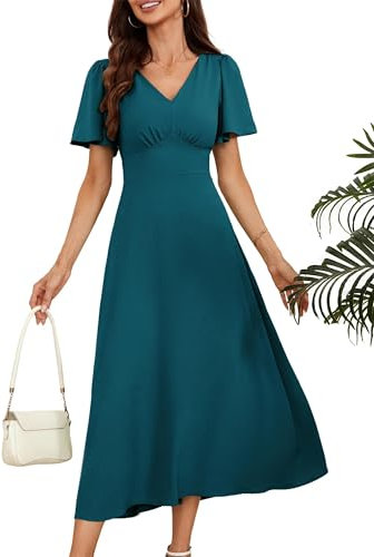 Solid Farbe Retro V-Ausschnitt Chiffon-Kleid Fashion A-Linie Maxi Kleid Elastikbund Freizeitkleider mit Cape Ärmel Blaugrün M