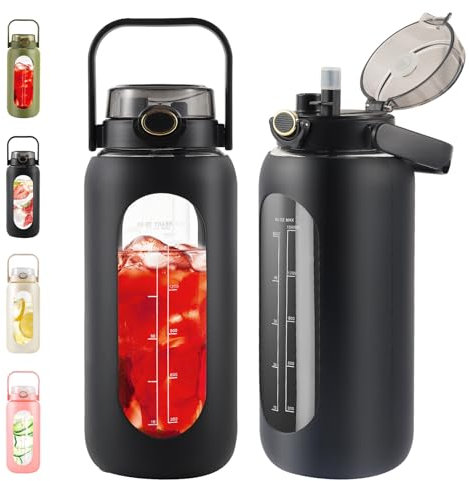 poweco Trinkflasche Glas 1,8L mit Strohhalm und Griff, 1800ml Wasserflasche Glas mit Silikonhülle, Motivation Glas-Trinkflasche mit Zeitmarkierung, Glasflasche für Gym, Sport, Outdoor. (Schwarz)