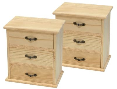 2 Pack Wooden box with 3 Mini Drawers for Jewellery,Unfinished Wood Surface Box, Small Wooden Organizer Storage Box for Arts Crafts DIY Project
