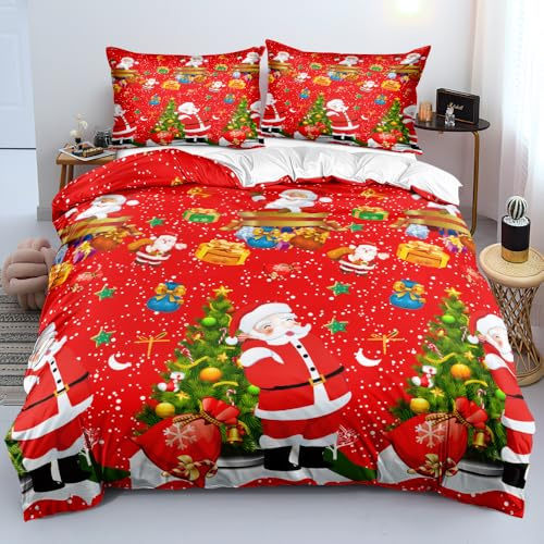 DXHOME Bettwäsche Set Weihnachten 155x220cm Rot Bunt Weihnachtsmann Weiche Mikrofaser Teenager für Mädchen Jungen Geschenke für Kinder Bettbezug mit Reißverschluss + 1 Kissenbezug 80x80 cm