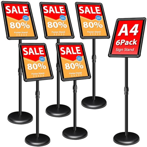 VAIIGO 6 Unidades Soporte Ajustable para Carteles A4 Aluminio | 360° Giratorio Soporte Publicitario e Información con Esquinas Redondeadas | Expositor para Menú, Publicidad, Poster, Bodas, Negro