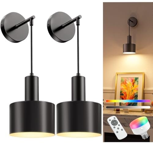 NIORSUN Battery Operated Wall Sconces, Black Battery Operated Wall Lights Indoor with 5200mAh Dimmable Detachable Bulbs and Remote, 9 Colors Sconces Wall Decor for Bedroom Living Room