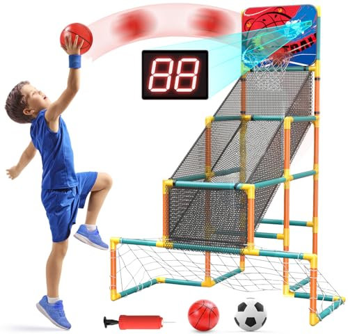EagleStone Panier de Basket et Cage de Football 2-en-1 pour Enfants, Usage Intérieur et Extérieur, Inclus 2 Ballons, Comptage Automatique, Sons de Joie, Assemblable, Antistress, Cadeau Noël