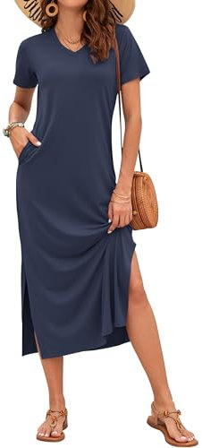 AUSELILY Summer Dress for Women Short Sleeve Maxi Beach Dress V Neck Sundress Slit Dress with Pockets Elegant Dresses Navy Blue L