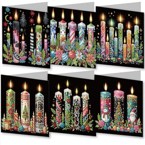 Meecaa Candle Santa Claus Snowman 6pcs Handmade 5D Diamond Painting Christmas Greeting Cards for Adults, DIY Diamond Art Postcards for Friends Family Lover Gift (15CMx30CM) (Candle)