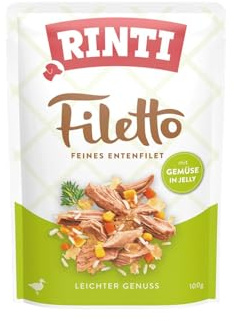 RINTI - Filetto | Leicht verdauliches Nassfutter für ausgewachsene Hunde. Ergänzungsfutter in Jelly im Frischebeutel ohne Farb- und Konservierungsstoffe | 24x100g Ente + Gemüse