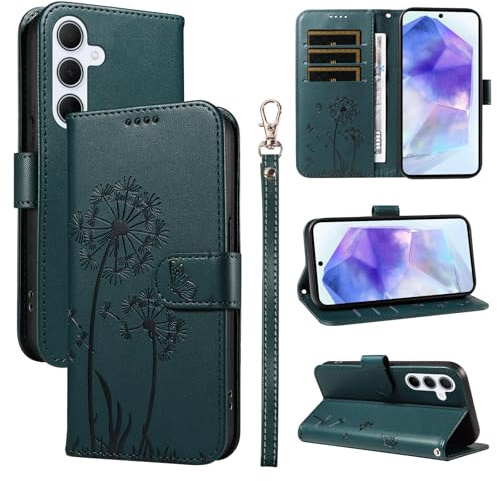 Bravoday Cover per Samsung Galaxy A55 5G, Custodia in PU Pelle Portafoglio Flip Schede con Slot per Carte, Magnetica Antiurto Cover per Galaxy A55 5G, Verde Scuro