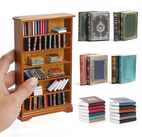 Odoria Dollhouse Bookshelf with Books Miniature: 73Pcs 1/12 Scale Victorian Paper Notebooks for Antique Vintage Living Room Library Office - Mini Storage Shelf Brown Furniture with School Supplies