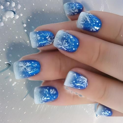 Kurze quadratische künstliche Fingernägel, Schneeflocke, blau, volle Abdeckung, zum Aufkleben, Weihnachten, zum Aufdrücken der Nägel für Frauen